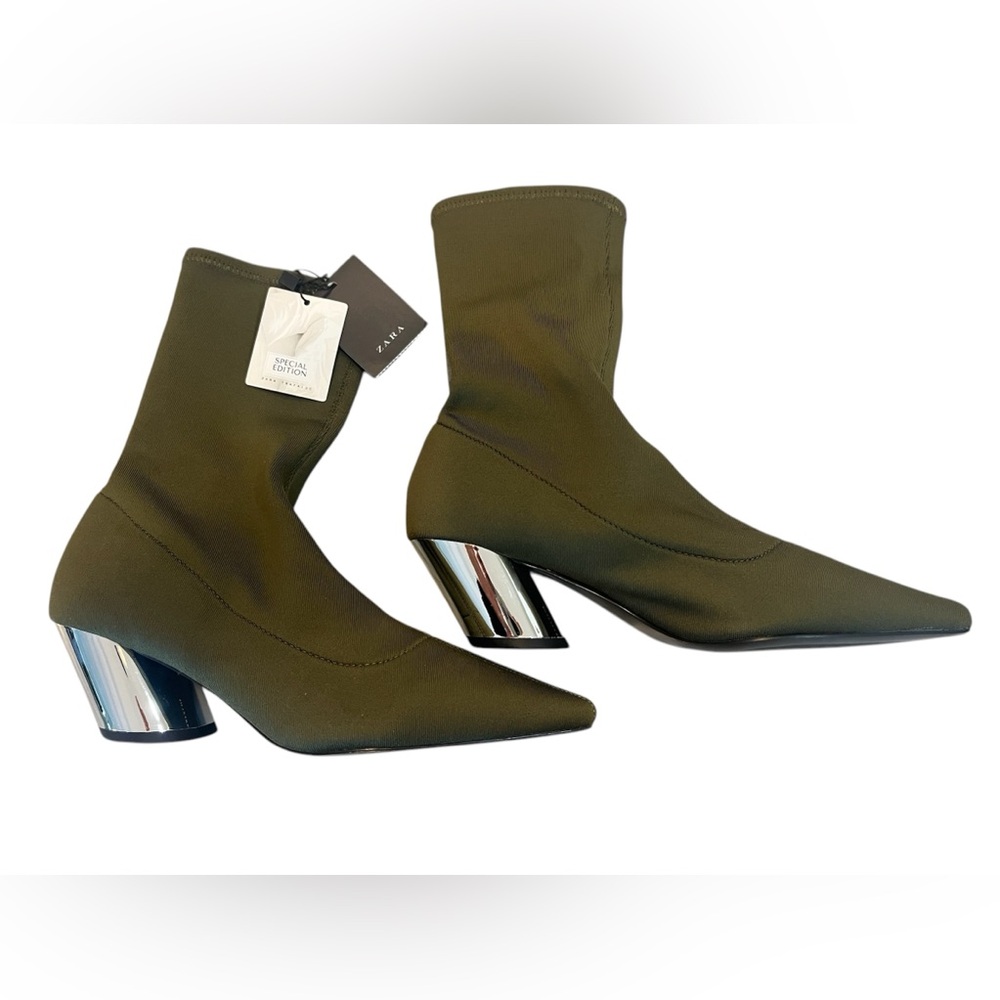 Zara Women's Olive Green Trafaluc Ankle Boots with Silver Heel NWT